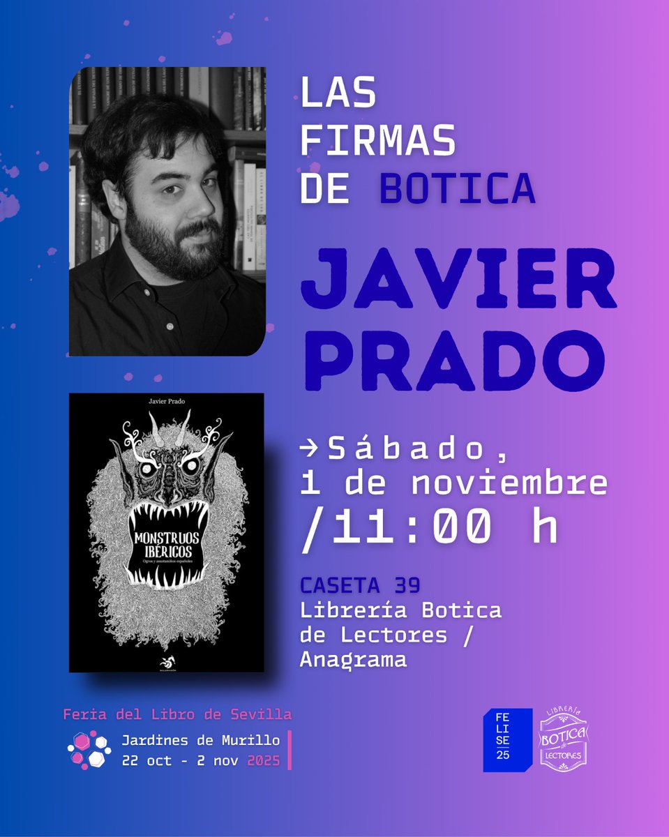 Sábado, 11:00, <a href="/FLSevilla/">Feria Libro Sevilla</a>, caseta de <a href="/LibreriaBotica/">Librería Botica de Lectores</a>, ogros, unas cuantas brujas y una hora de firmas. ¡Muchas ganas de vernos! 🎃