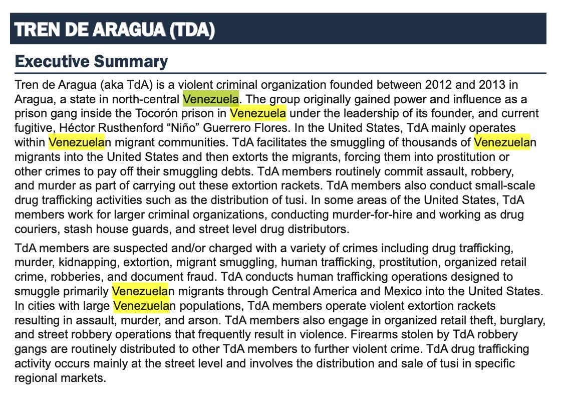 From Trump's own 2025 DEA National Drug Threat Assessment: Venezuela does not appear once in the report in the fentanyl section and briefly appears only to highlight TDA as low level street traffickers who specialize in human trafficking