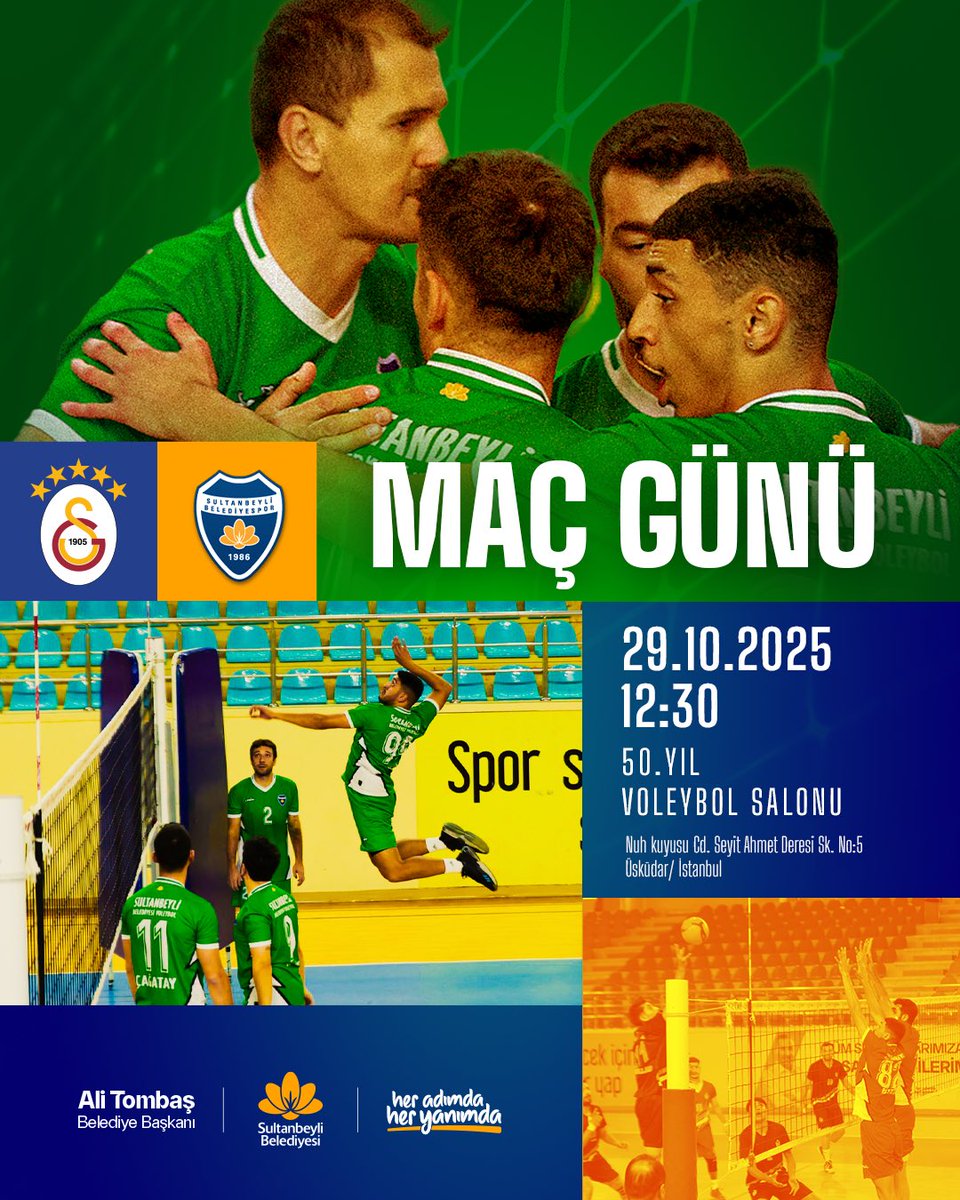 Sultanbeyli Belediyespor Erkek Voleybol Takımımız, Galatasaray Erkek Voleybol Takımı ile karşılaşıyor. 🏐

Tüm sporseverleri takımımıza destek olmaya davet ediyoruz. 🤍💚

📆29 Ekim Çarşamba 
⏰12.30
📍50. Yıl Voleybol Salonu/Üsküdar