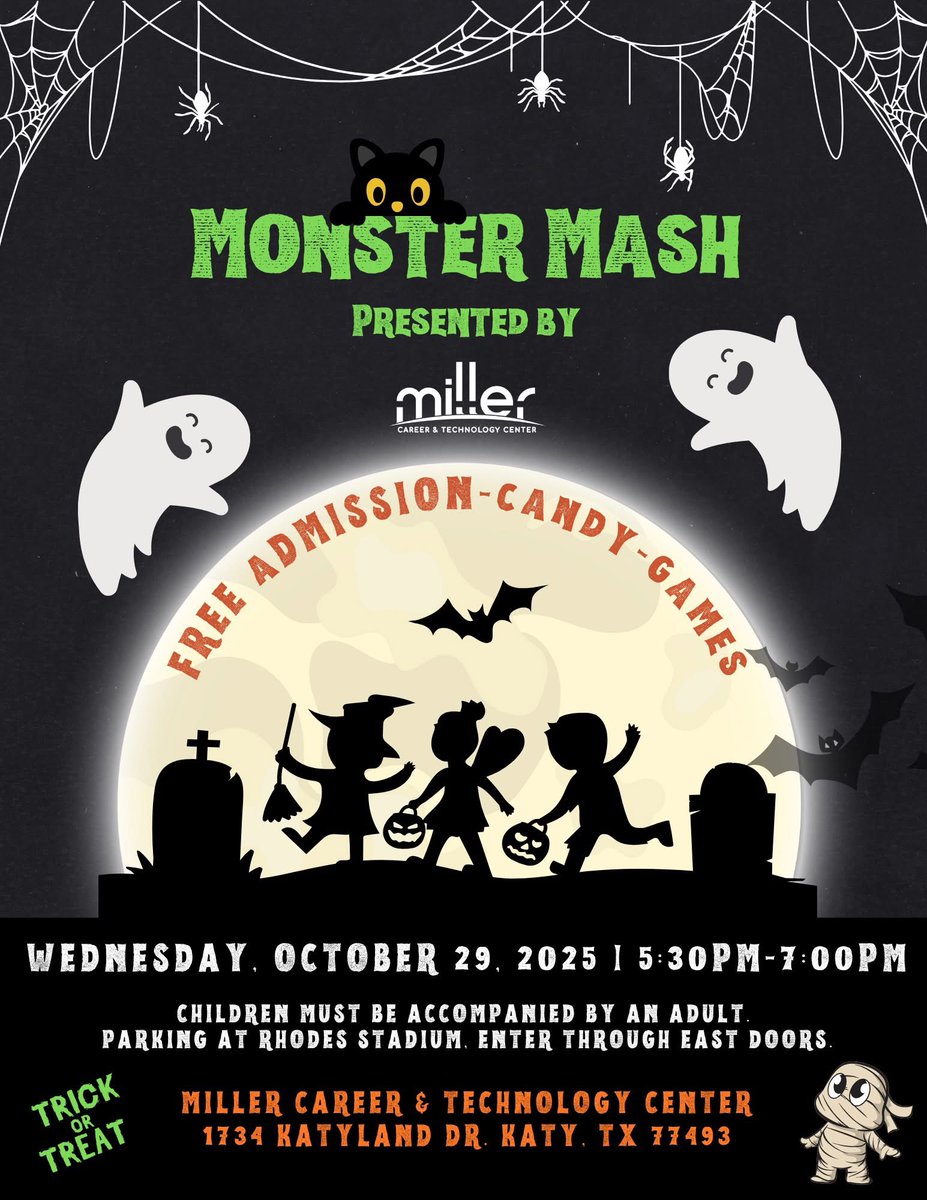 katyisd's tweet image. Get ready for a frightfully fun night at the Miller Career and Technology Center fifth annual Miller Monster Mash. Join us tomorrow, Oct. 29, from 5:30–7 p.m. for free candy, games and spooky fun for all ages. Costumes encouraged. #KatyISD #MCTC