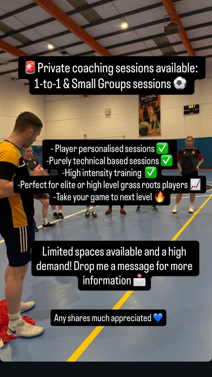 🚨Private coaching sessions available:
1-to-1 &amp; Small Groups sessions⚽️ 
- Player personalised sessions
-Purely technical based sessions
-High intensity
-Perfect for elite players or high level grass roots players

Limited Availability, DM for more information. 

Please Share💙