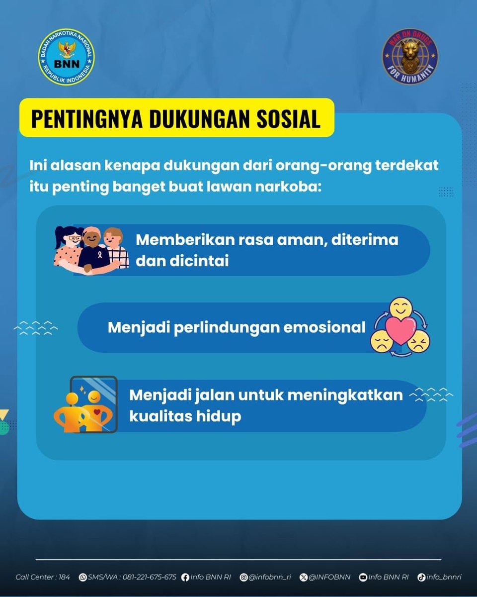 INFOBNNKKOBAR's tweet image. dukungan sosial punya peran penting dalam menyelamatkan hidup seseorang? Kadang tanpa kita sadari, hal-hal kecil seperti menanyakan kabar, mendengarkan tanpa menghakimi, atau mengajak melakukan kegiatan positif bisa membawa perubahan. 
#WarOnDrugsForHumanity