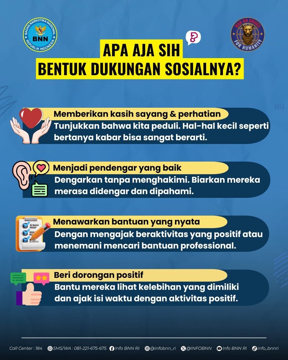 INFOBNNKKOBAR's tweet image. dukungan sosial punya peran penting dalam menyelamatkan hidup seseorang? Kadang tanpa kita sadari, hal-hal kecil seperti menanyakan kabar, mendengarkan tanpa menghakimi, atau mengajak melakukan kegiatan positif bisa membawa perubahan. 
#WarOnDrugsForHumanity