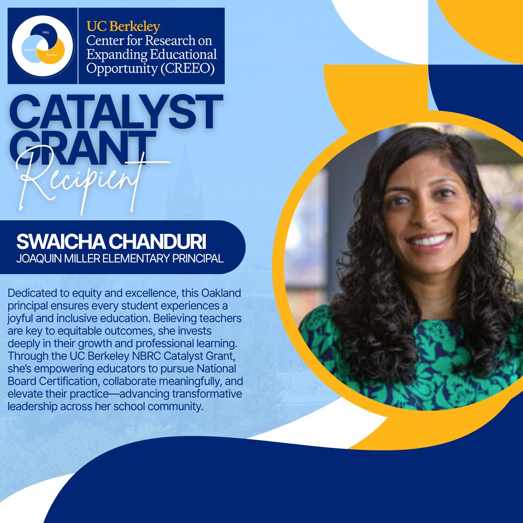 Meet Swaicha Chanduri, Principal of Joaquin Miller Elementary and NBRC Catalyst Grant recipient! 🎉 

The grant provides up to $10K to support teachers pursuing National Board Certification and advancing equity through collaboration and growth.

#CREEO #HistoricallyResilient