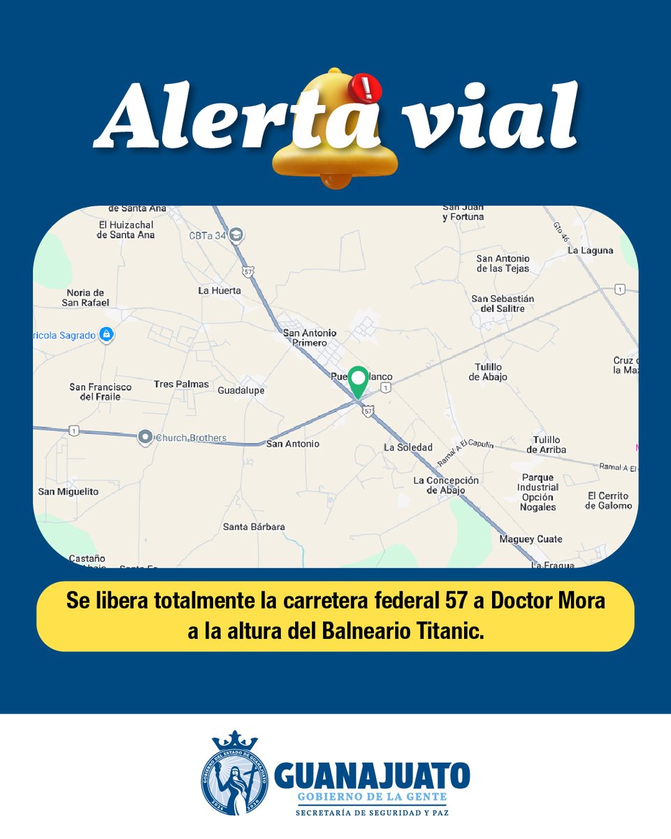pazgobgente's tweet photo. #AlertaVial 🚧Se libera totalmente la carretera federal 57 a #DoctorMora a la altura del Balneario Titanic.
Mantente informado a través de medios oficiales y sigue las indicaciones de las autoridades.
📞 Emergencias 9-1-1
#CONFIA #GuanajuatoEnPaz #ProtecciónCivil
@gobgente
@pcguanajuato