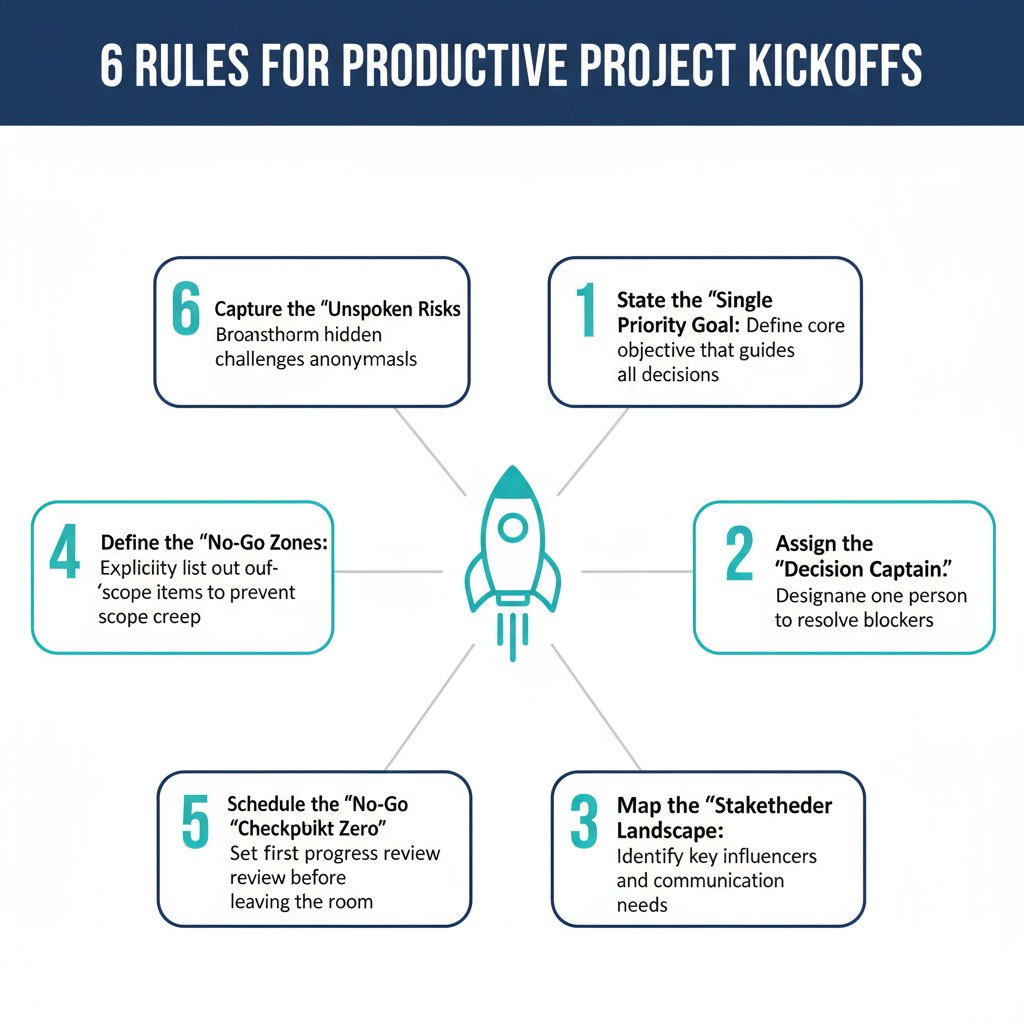 transcriblo's tweet photo. Bad project kickoffs derail teams before work begins.  
They create confusion, duplicate efforts, and set unclear expectations.  

Follow these 6 rules for kickoff meetings that establish alignment and clarity:  
1. State the 'Single Priority Goal': Define the core objective that guides all decisions.  
2. Assign the 'Decision Captain': Designate one person to resolve blockers between meetings.  
3. Map the 'Stakeholder Landscape': Identify key influencers and communication needs.  
4. Define the 'No-Go Zones': Explicitly list out-of-scope items to prevent scope creep.  
5. Schedule the 'Checkpoint Zero': Set the first progress review before leaving the room.  
6. Capture the 'Unspoken Risks': Brainstorm hidden challenges anonymously via shared doc.