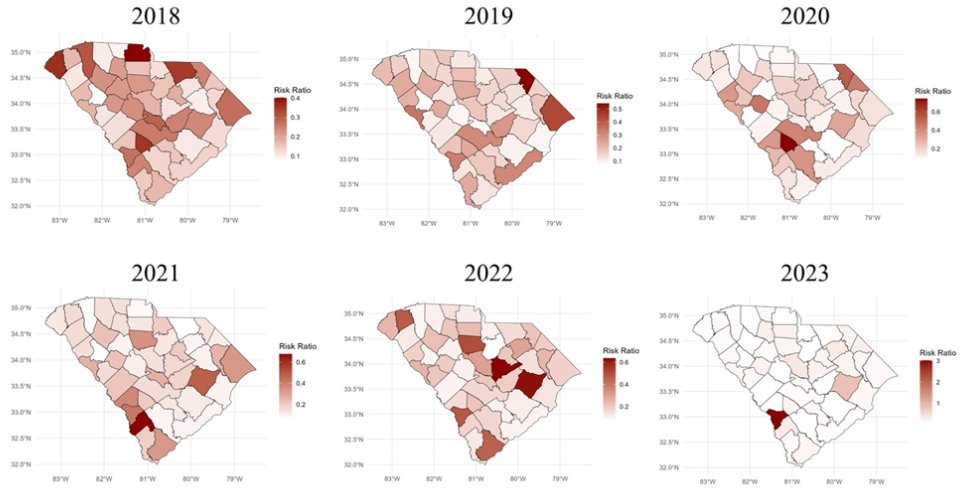 One week till my trip to Columbia, SC to see my Honors student Leah defend her senior thesis! She did an excellent job on Bayesian spatiotemporal modeling of maternal mortality in South Carolina from 2018-2023. She coded up the model in Stan &amp; R and produced some very nice maps!