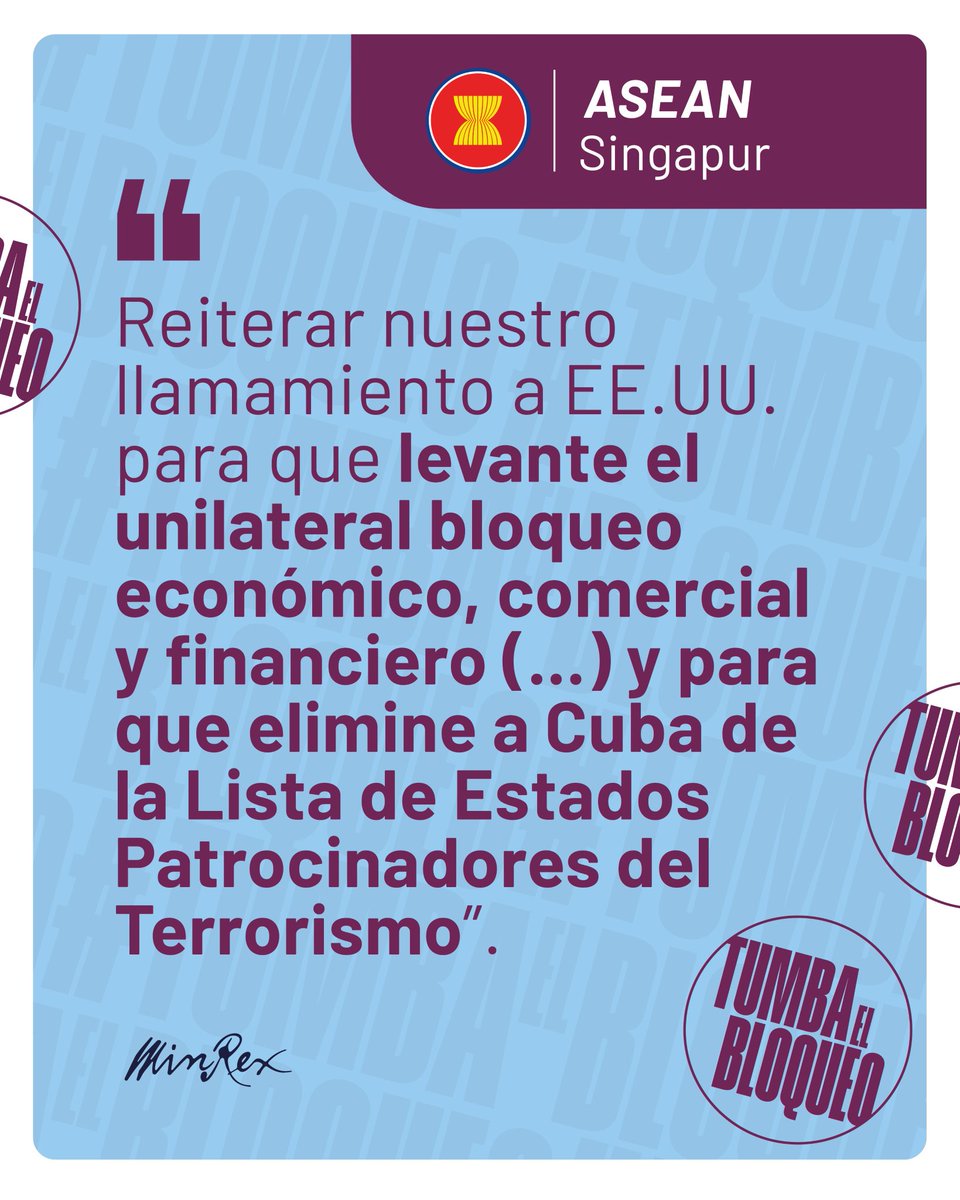 RPolancoF's tweet photo. La ASEAN se suma a los demás miembros de la Asamblea General para reiterar el llamado a que EEUU levante el bloqueo económico, comercial y financiero unilateral contra #Cuba lo antes posible y elimine a Cuba de la lista de Estados patrocinadores del terrorismo.

@BurhanGafoor https://t.co/mevtcSGemD