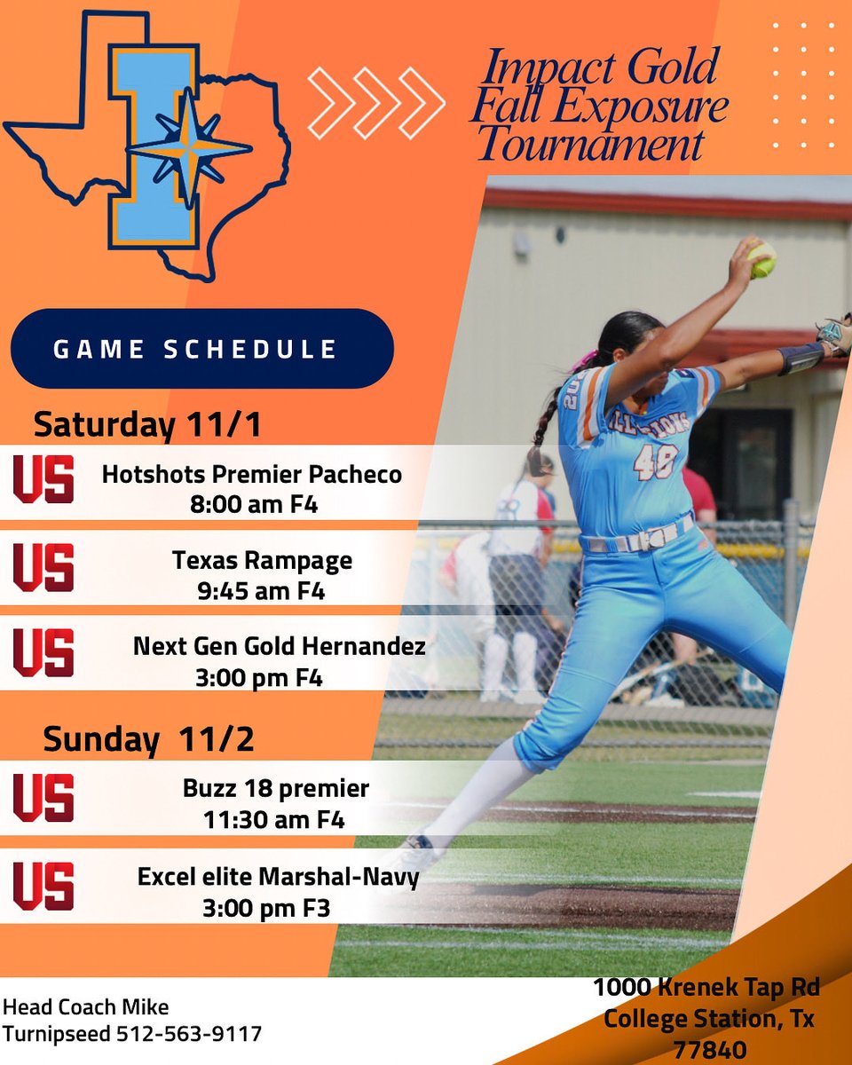 We’re back on the dirt this weekend in College Station for the Impact Gold fall showcase💪 .  First game kicks off bright and early at 8:00 AM vs Hot Shots Pacheco. Let’s go!! 💛🖤 

#leadtheway
#earnednotgiven
#GoldStandard
