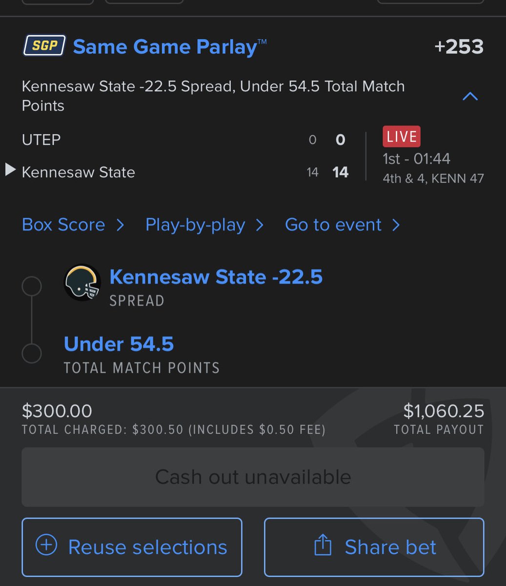 Ladder likely soon same bet 

🔥6U SGP 

K-State -22.5
Under 54.5