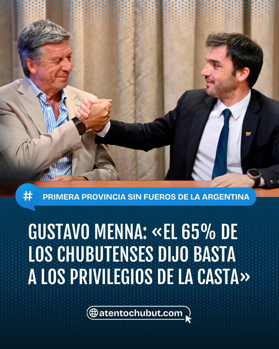 🗣️ GUSTAVO MENNA: «EL 65% DE LOS CHUBUTENSES DIJO BASTA A LOS PRIVILEGIOS DE LA CASTA»

Dos años después de aquel compromiso de campaña de Nacho Torres, Chubut se convirtió en la primera provincia del país en eliminar los fueros políticos, judiciales y sindicales. “Cumplimos lo