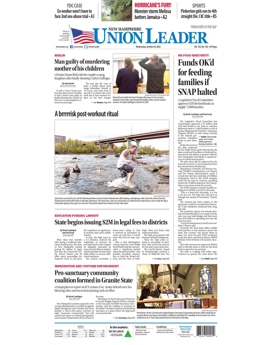 UnionLeader's tweet photo. Inside today's paper: Berlin man guilty of murdering mother of his kids; Funds OK’d for feeding families if SNAP halted; Pinkerton girls celebrate 4th straight state cross country.

For all of today's stories and more, visit the link in our profile.

#unionleader #nhunionleader https://t.co/dBHgXEJ0nr