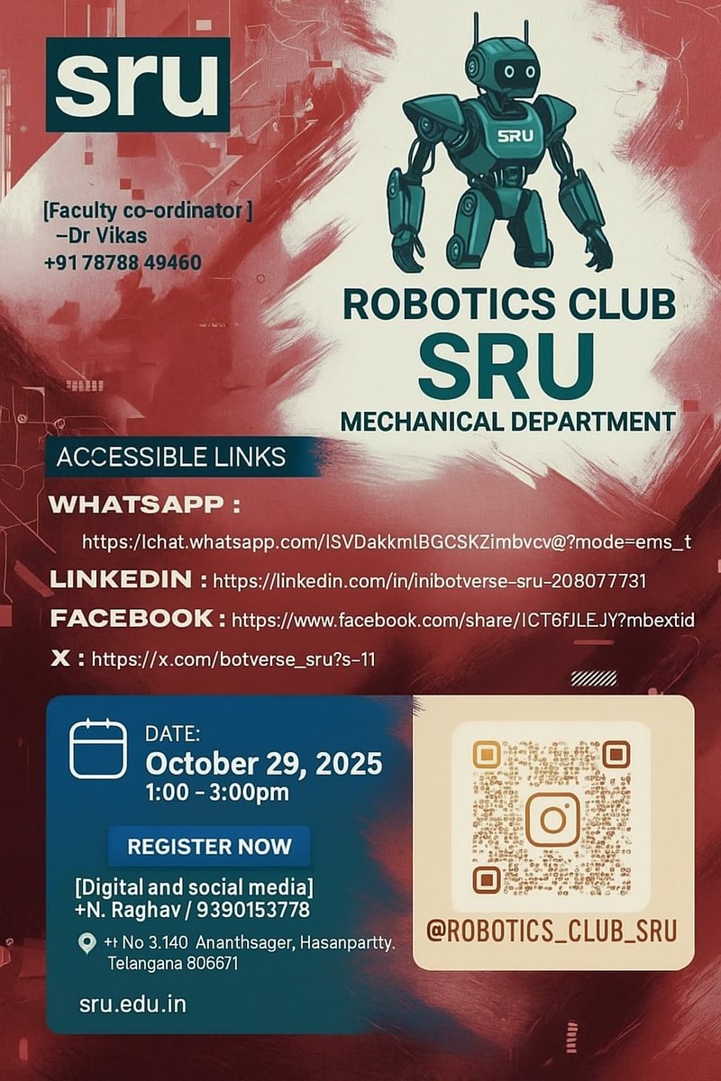 Botverse_SRU's tweet image. 🚀 Excited to announce!
Join the Robotics Club, SRU Mechanical Department for our upcoming meet 🤖

🗓 Date: October 29, 2025
🕐 Time: 1:00 PM – 3:00 PM
Let’s innovate, create, and explore the future of robotics together! 🔧⚙️
#SRU #RoboticsClub #MechanicalEngineering #tech