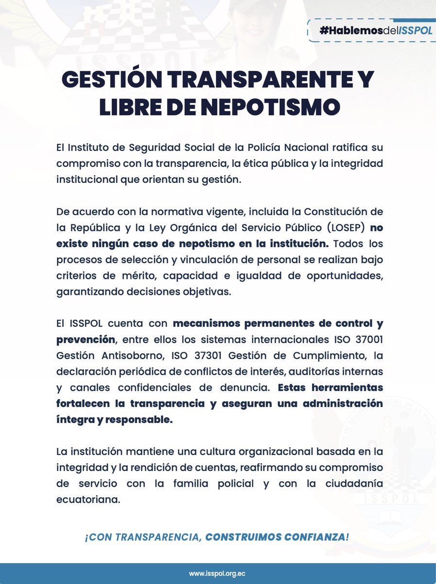 🔹 Transparencia que se demuestra con hechos

En el ISSPOL, todos los procesos se rigen por mérito, capacidad e igualdad de oportunidades.
Nuestra gestión es ética, íntegra y libre de nepotismo.

#HablemosDelISSPOL