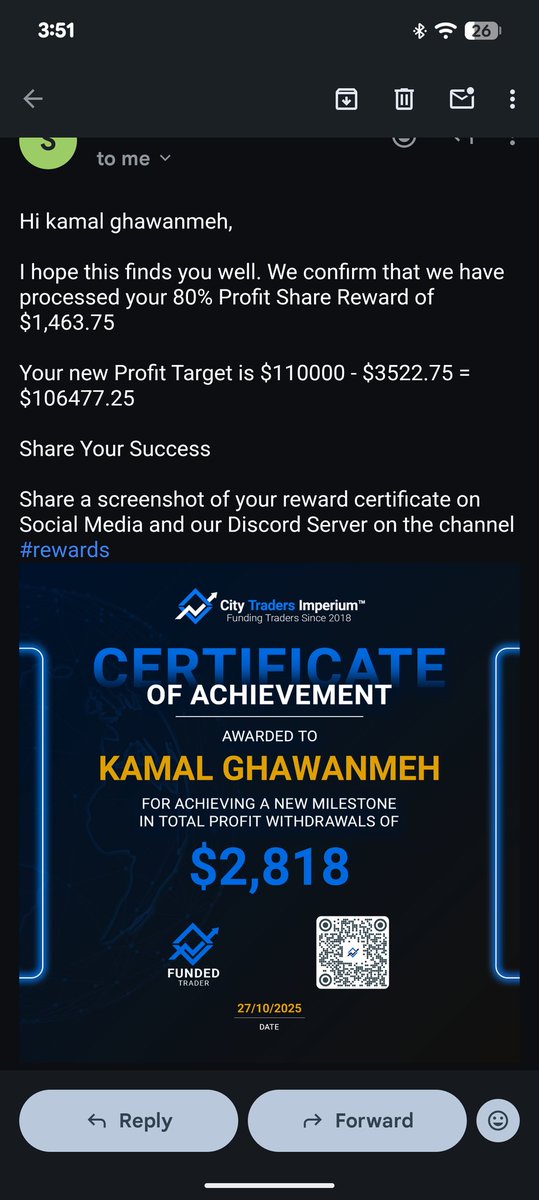 kamal_ghawanmeh's tweet image. 2nd payout from @CTI_Funding ♥️♥️