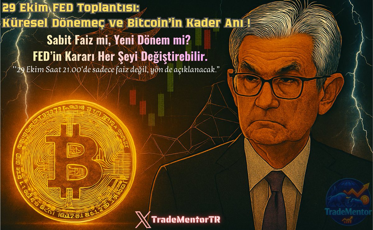 TradeMentorTR's tweet photo. 29 Ekim’de #FED faiz kararını açıklayacak ve bu toplantı sadece faiz değil, 2025’in para akışını belirleyecek karar olacak.
#BTC şu an 112.000$ desteğinde tutunuyor.
Kırılım gelmezse 116.000$ yeniden test edilebilir.
Ama altı kapanışta 110.000$ gündeme gelir.
Korku anında sakin kalan kazanır.
#Bitcoin #FED #Kripto #BTCUSDT #CryptoMarket  #TradeMentorTR #Powell