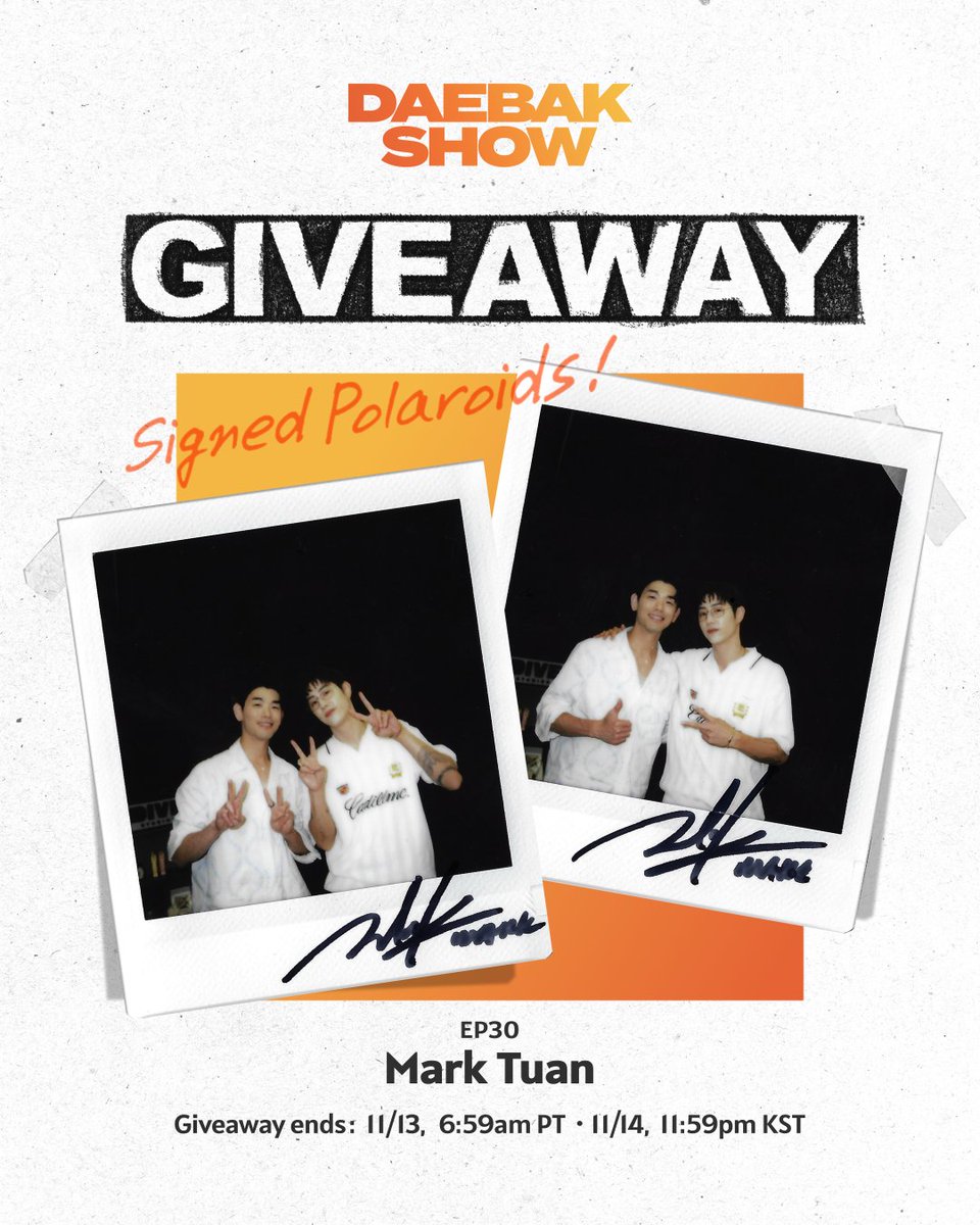 thedivestudios's tweet image. Do YOU want to win a SIGNED Mark Tuan polaroids? We are picking (1) lucky winner!📸 ✨

➡️ Link for a chance to enter: 
gleam.io/T7C52/daebak-s…

Giveaway ends: 11/13 6:59AM PT // 11/14 11:59PM KST

#MarkTuan #EricNam #DaebakShow #DIVEStudios