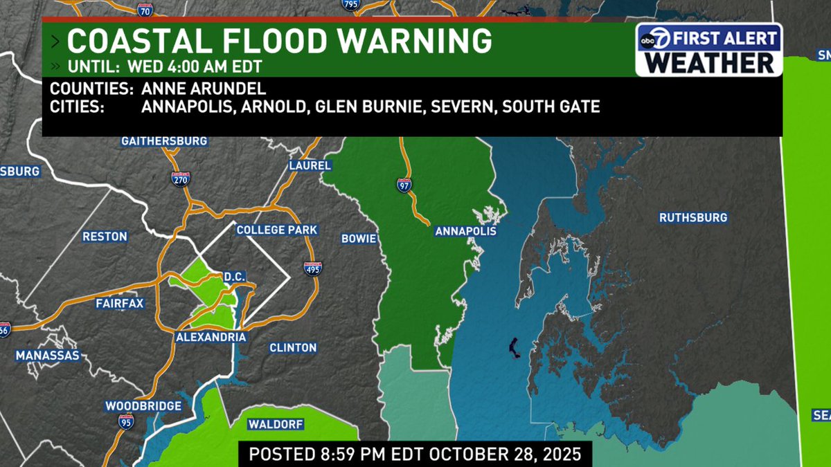 A Coastal Flood Warning has been issued for Anne Arundel until Oct 31 8:00AM.