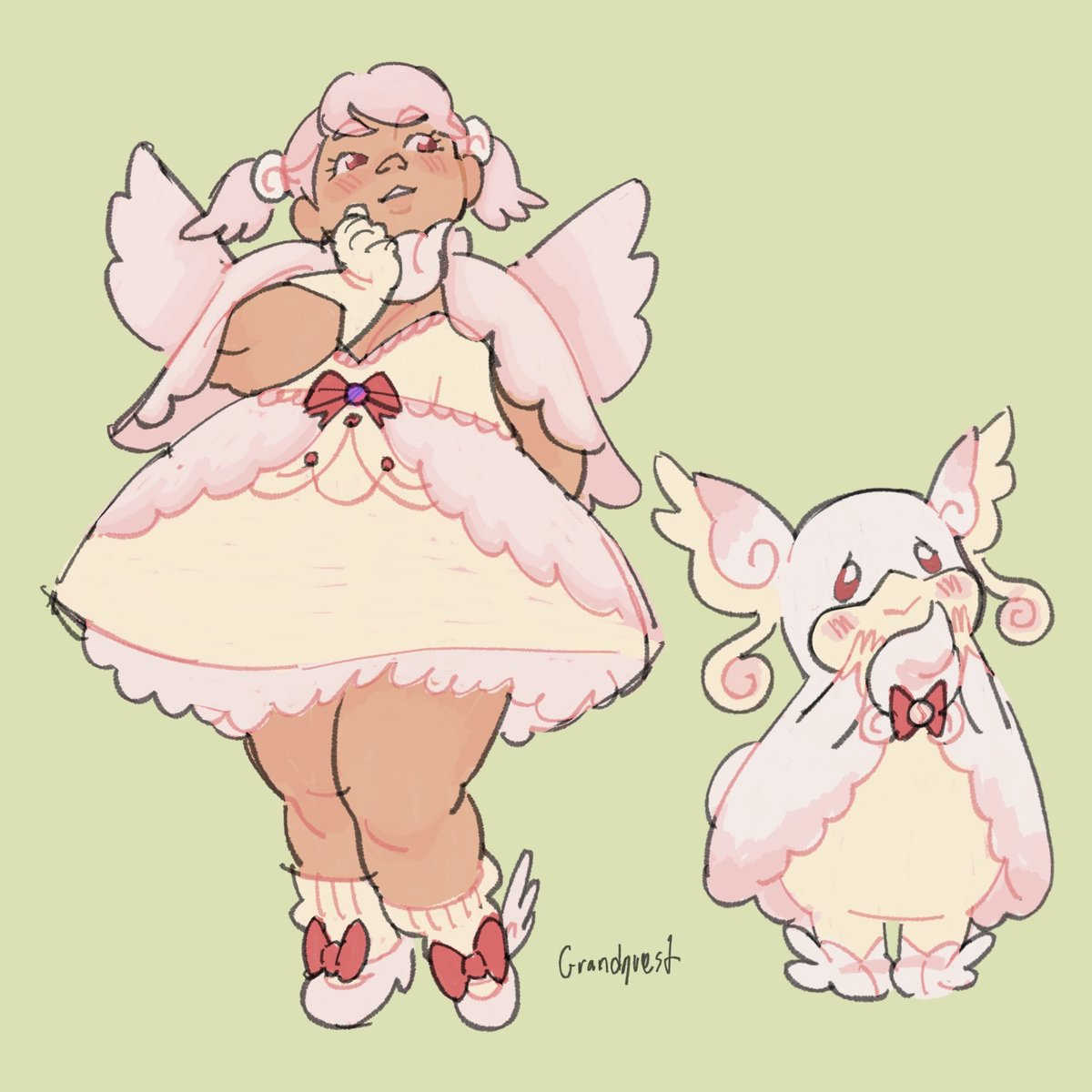 I’ve been obsessed with mega audino lately so naturally I drew a magical girl with a mega audino partner pkmn