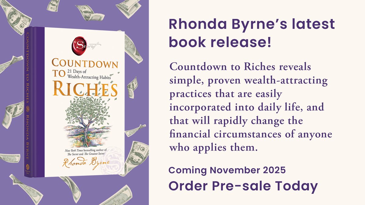 thesecret's tweet image. Plant the seeds that will lead YOU to financial freedom. ✨⁠
Rhonda Byrne’s new release, Countdown to Riches, is coming this November 2025! Find your copy here: visit.thesecret.tv/Riches-Secret🌟⁠
⁠
This transformative 21-day journey will guide you through simple, proven…