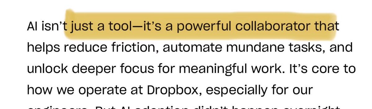 copyconstruct's tweet image. This entire article on how AI adoption by employees at Dropbox went from low double digits to 90% seems AI generated. 

Counted 15 em-dashes in total. 😅

Truly incisive and thoughtful writing is going to become an endangered art form in this AI era.
