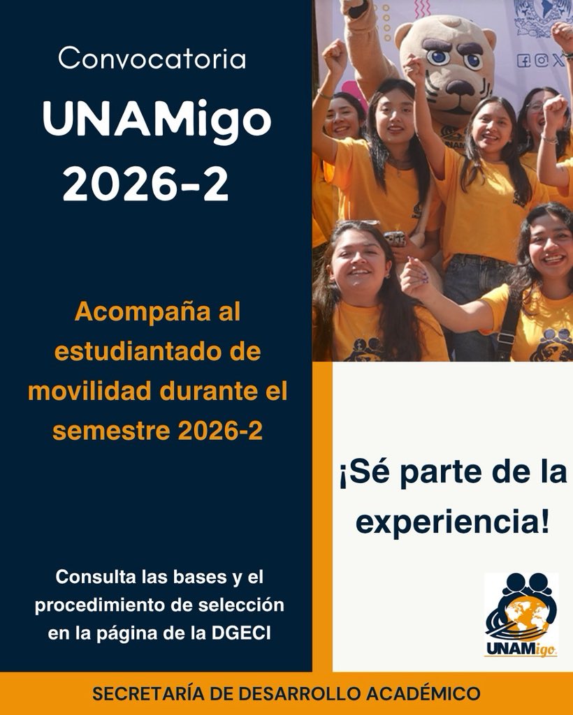 GlobalFCPyS's tweet image. 🚨¡La convocatoria del Programa UNAMigo 2026-2 (primavera 2025) ya está abierta!

Tienes hasta el 27 de noviembre de 2025 para registrarte.
Revisa la convocatoria: unaminternacional.unam.mx/unamigo 

*Obtén una constancia con valor curricular (Programa de Voluntariado DGOAE).✨️