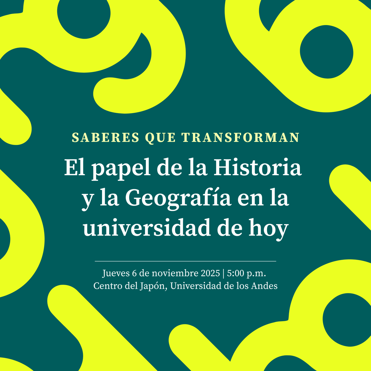 facisouniandes's tweet photo. ¿Qué lugar ocupan la Historia y la Geografía en la universidad de hoy? 🌎🕰️

Te invitamos a reflexionar sobre el papel que estas disciplinas juegan en la formación universitaria contemporánea y en los debates fundamentales para el país.

🗓️ Jueves 6 de noviembre de 2025
🕘 5:00 p.m.
📍 Centro del Japón, Universidad de los Andes

🎙️ Modera: Constanza Castro
💬 Participan: Catalina Muñoz, Margarita Garrido y Laura Barragán

Inscríbete aquí 👉 https://t.co/fNP3Tsa12F