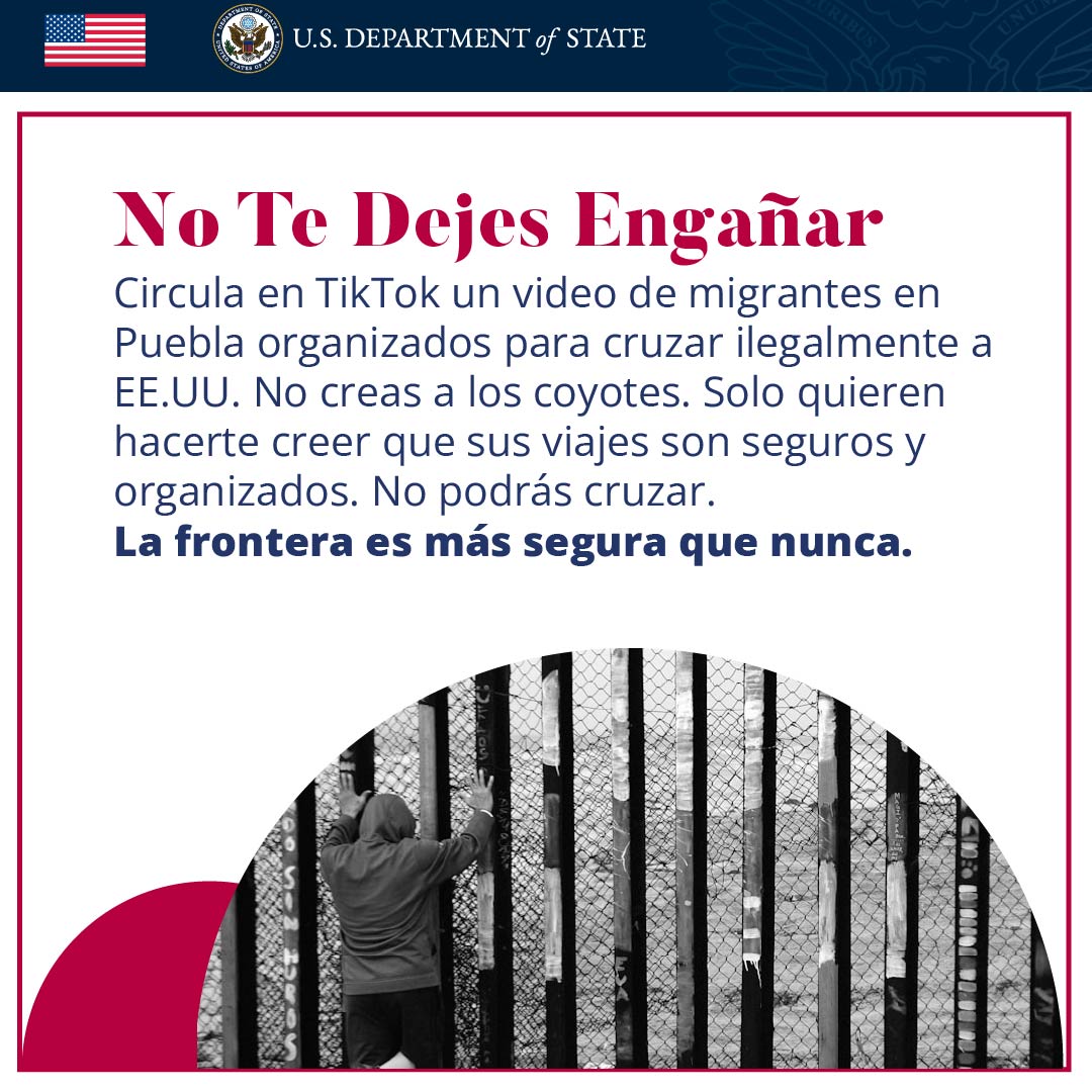 ¡No te dejes engañar! 
Circula en TikTok un video de migrantes en Puebla organizados para cruzar ilegalmente a EE. UU. No creas a los coyotes. Solo quieres hacerte creer que sus viajes son seguros y organizados. No podrás cruzar. #NiLoIntentes