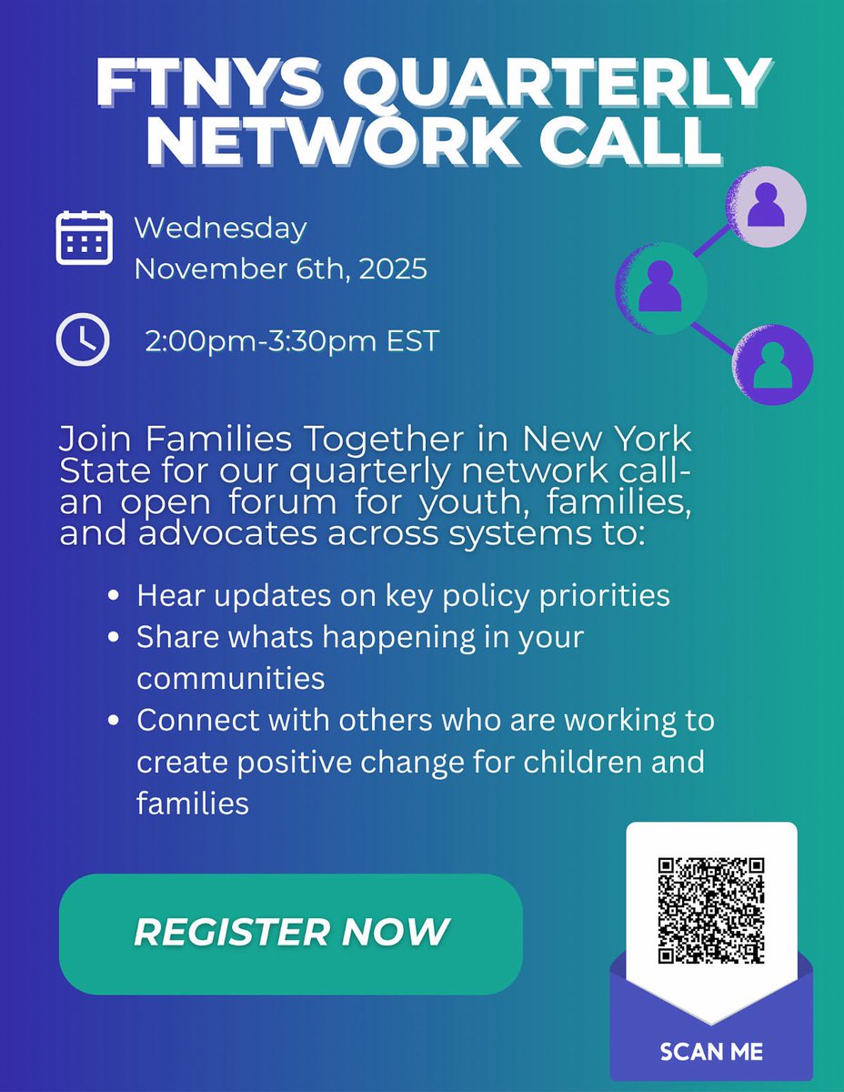 Join us for the FTNYS Quarterly Network Call on November 6th, 2025, from 2:00 PM to 3:30 PM EST. This is a vital opportunity for youth, families, and advocates to come together and engage in meaningful dialogue.

Learn more &amp; Register: conta.cc/3L5g5Vp