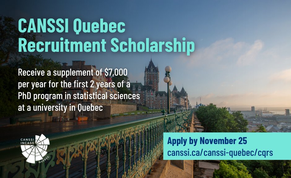👩‍🎓 Planning to do a #PhD in #statisticalsciences?

💲 Come to a #Quebec university and you could get a supplement of $7,000 during the first two years.

Apply by November 25. 

Learn more: loom.ly/5Zegs20 <a href="/CANSSIOntario/">CANSSI Ontario</a> <a href="/SSC_stat/">Stat Society / Société Stat du Canada</a> <a href="/FieldsInstitute/">The Fields Institute</a>