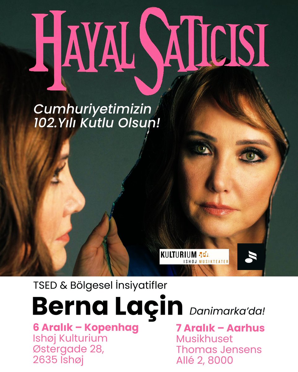 Bu yıl Cumhuriyetimizin 102. yılını kültür ve sanatla taçlandırıyoruz.

Hayal Satıcısı ile hem kadının sesine hem de özgürlüğün sembolü olan Cumhuriyetimize ayna tutuyoruz.
Sanatın birleştirici gücüyle bu anlamlı kutlamada bir arada olmaktan büyük mutluluk duyuyoruz.

#Danimarka