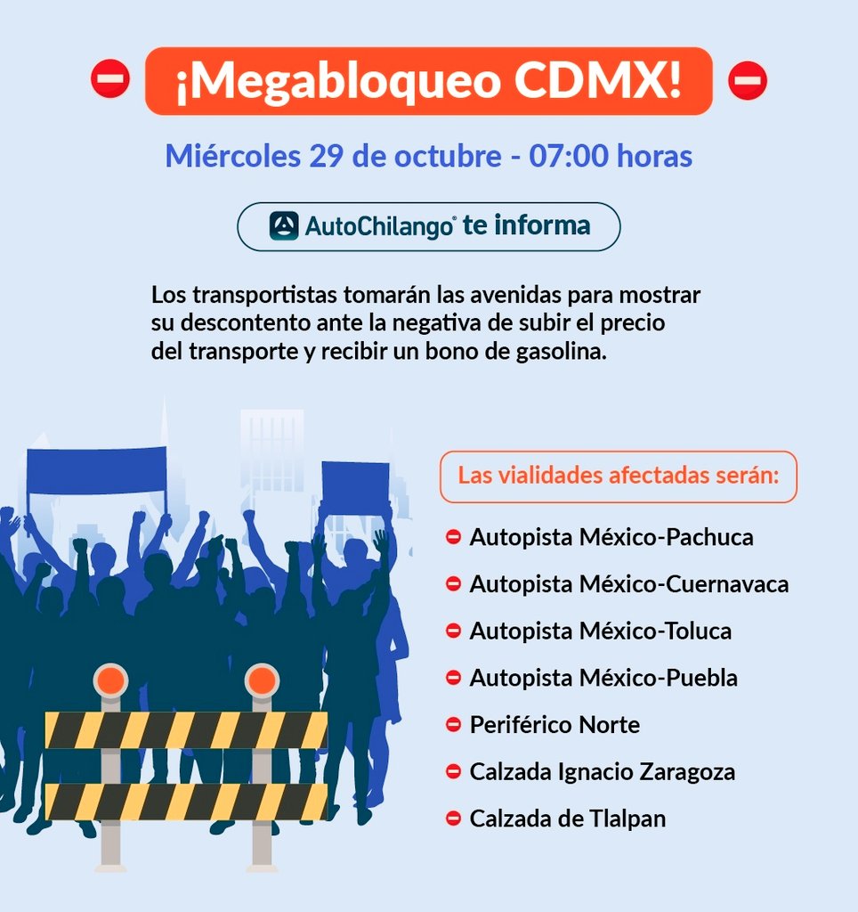 #urgente Fuerza Amplia de Trasportistas mañana 29 de octubre, se prevé bloqueo en los principales accesos a la #CDMX exigen que el gobierno capitalino #homologación de tarifa con #Edomex.