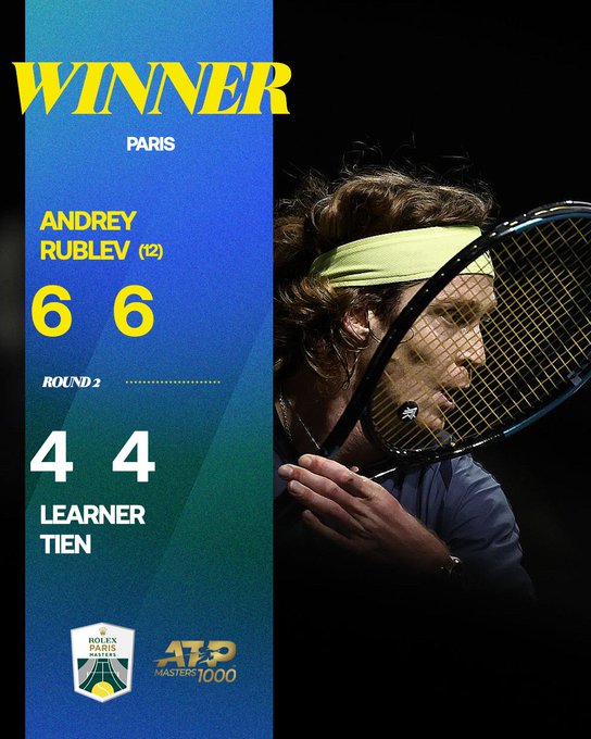 Graphic overlay on black background with yellow WINNER text at top, blue PARIS text below, image of Andrey Rublev holding tennis racket with yellow headband, scores 6-4 6-4 for Rublev and 4-4 for opponent, blue text Andrey Rublev (2) and green text Lorenzo Sonego, bottom logos of Rolex Paris Masters and ATP Masters 1000.
