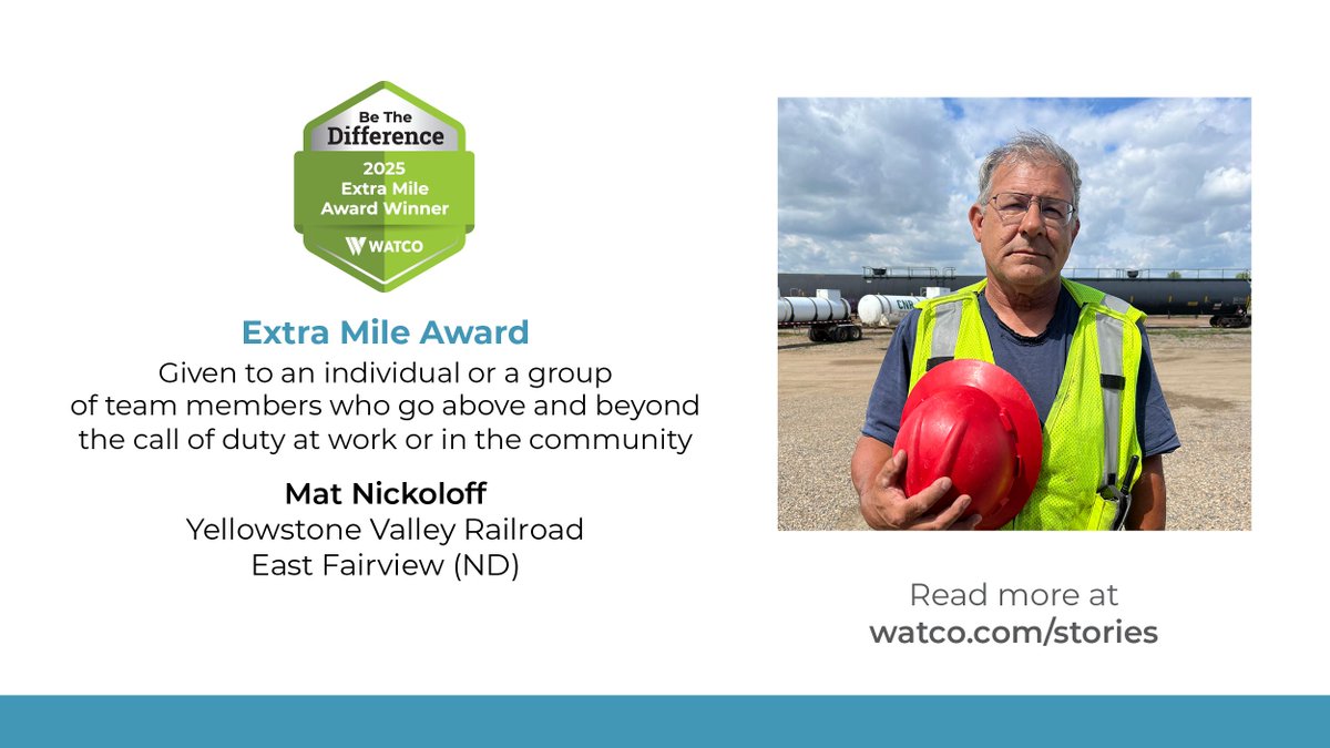 WatcoRail's tweet image. Among his teammates at Watco’s Yellowstone Valley #Railroad, Conductor Mat Nickoloff is best known for his kindness and generosity. Now he’s being recognized for his positive attitude as our newest #ExtraMile Award winner. bit.ly/48J9bie