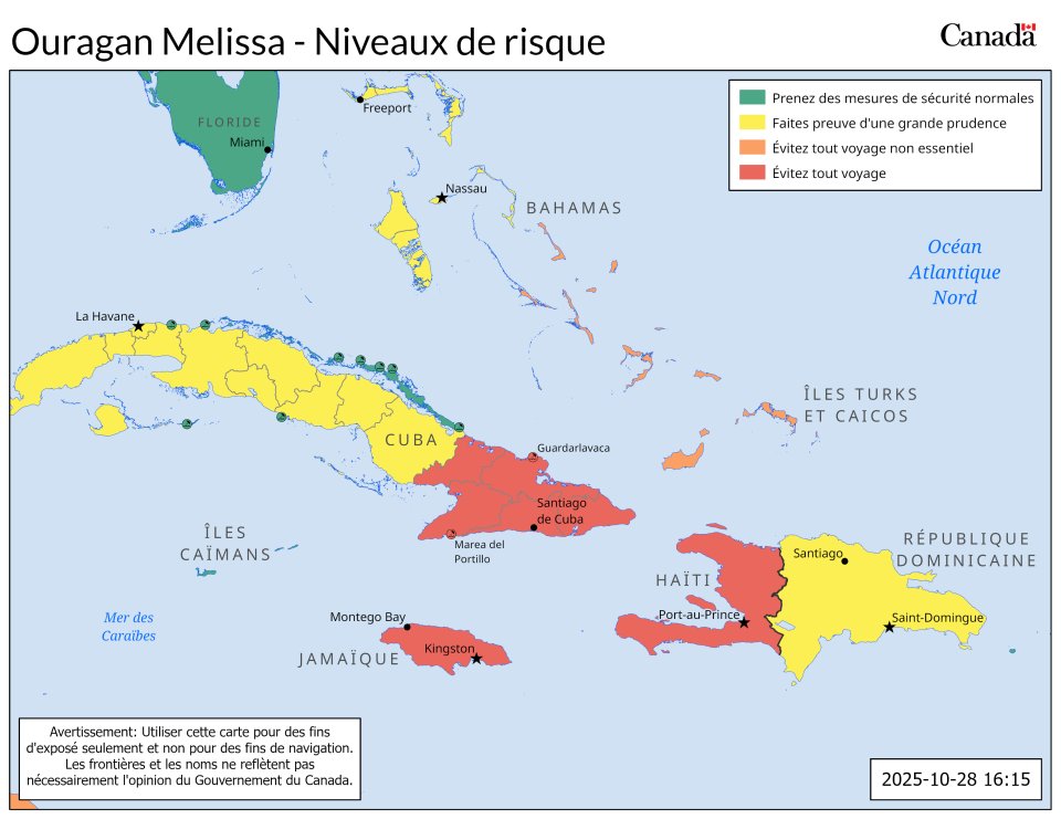 ⚠️ #Canadiens dans les Caraïbes : Soyez au courant des niveaux de risque actuels en raison de l’ouragan #Melissa. 
 
Consultez régulièrement nos conseils aux voyageurs pour des mises à jour sur l’évolution de la tempête : voyage.gc.ca/voyager/averti…