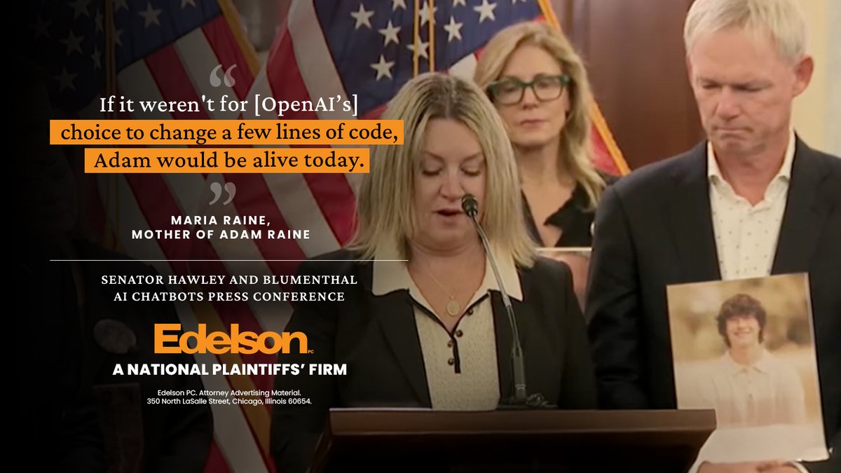 Bipartisan pressure is mounting against OpenAI and other AI companies. These companies will be held accountable for releasing dangerous AI chatbots to our kids. Today our incredible clients Maria and Matthew Raine supported Senators Hawley and Blumenthal in introducing the GUARD