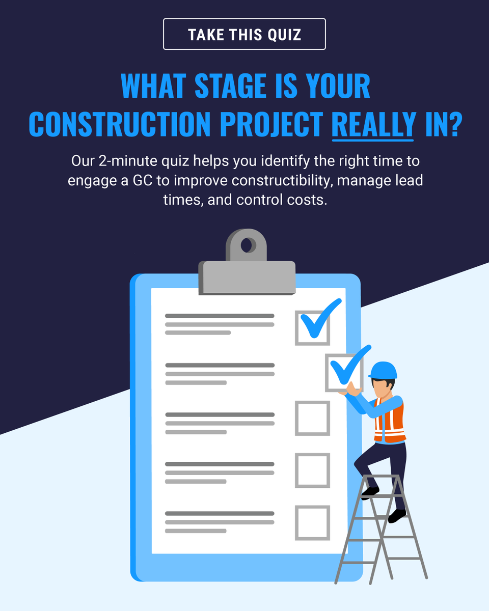 Not sure where your construction project really stands?  Take our quick quiz to find out whether it’s the right time to bring in a GC. The results can help you streamline constructability and control costs before they spiral.

Take the quiz: na2.hubs.ly/H01PH6G0