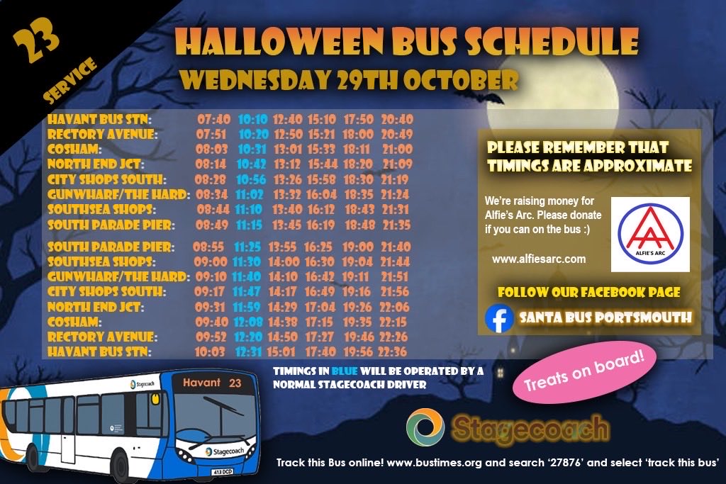 🎵Let’s do the time walk.. 🎵 on the 23 tomorrow 29th October! From #Havant, #cosham, #Northend, #Commercialroad and #Southsea.. our Halloween Bus will be shocking ⚡️all those who dare to board 👻