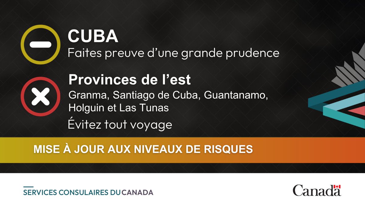 Avis aux Canadiens se trouvant à #Cuba ou prévoyant s’y rendre : Évitez tout voyage dans les provinces de l’est, car l’ouragan #Melissa devrait frapper l’île vers les 28 et 29 octobre. Si vous y êtes, suivez les médias et les directives des autorités. voyage.gc.ca/destinations/c…