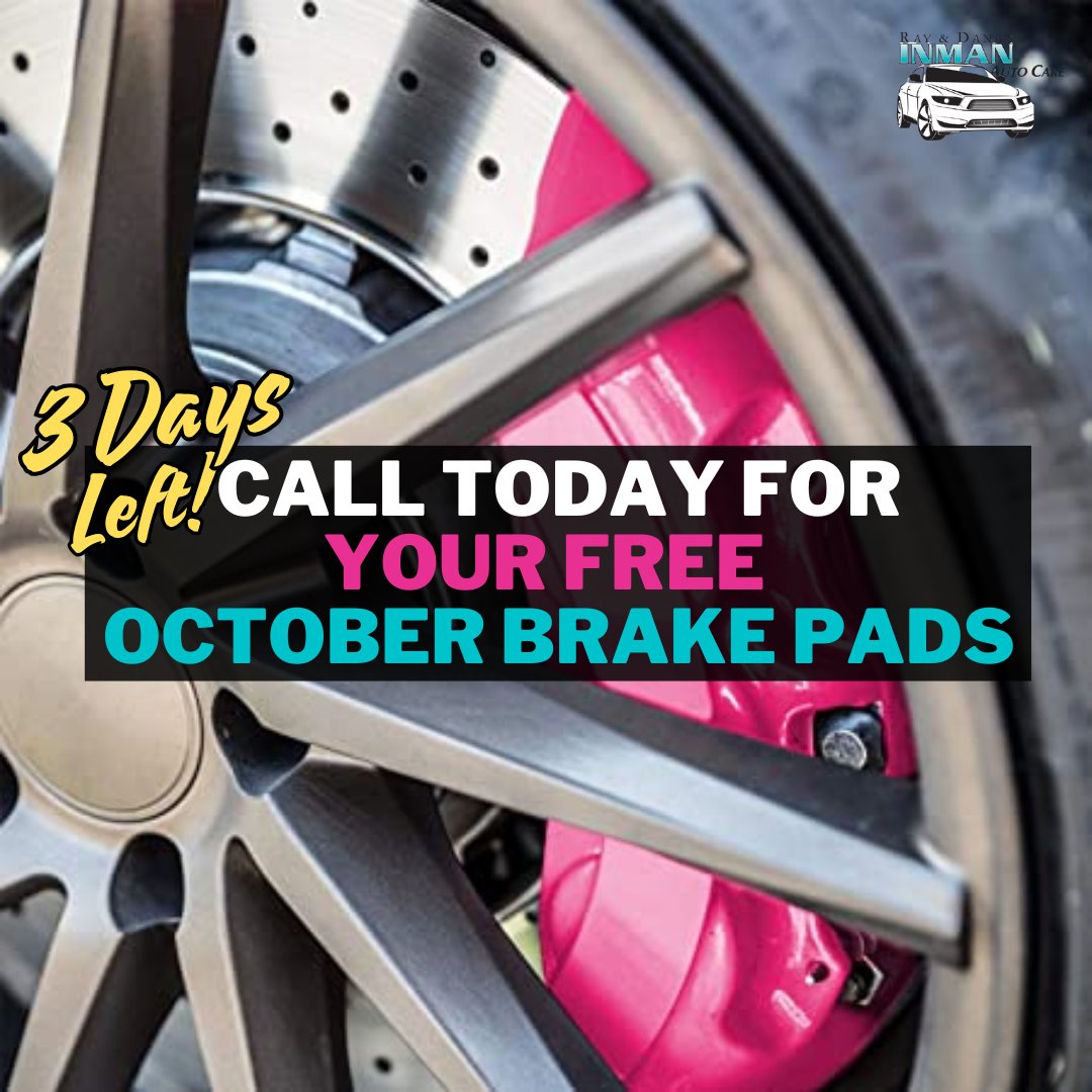 InmanAuto's tweet image. Only 3 Days Left! Don’t miss your chance to take part in our #Brakes for #Breasts campaign at Ray &amp;amp; Dana’s Inman Auto Care! This Friday and Thursday are your last chances to #schedule and #appointments are filling fast! Call us or book online.