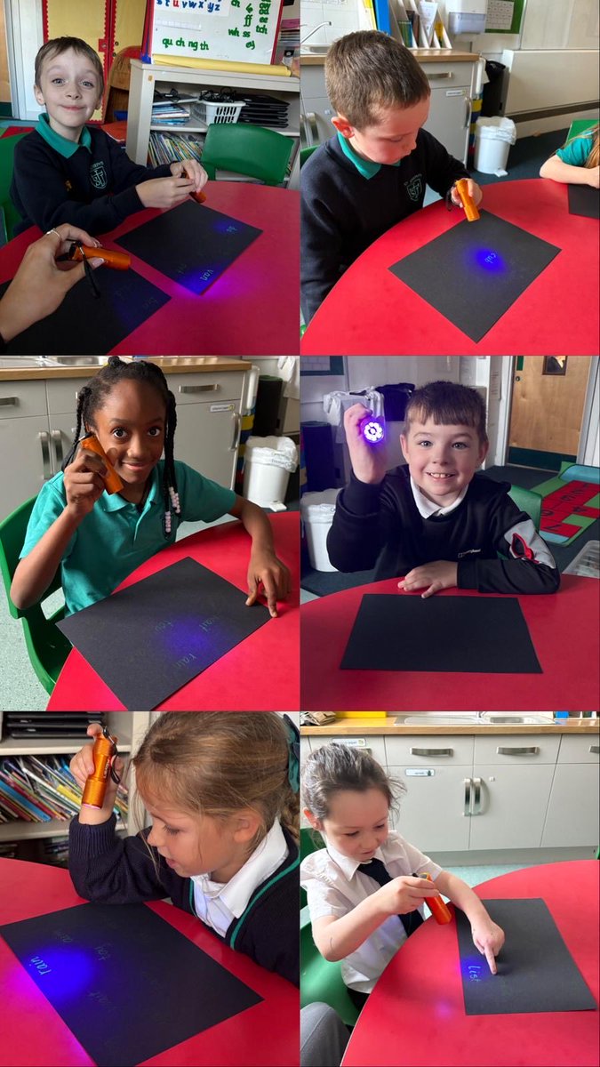 These children have been working with Miss Kitchen . They enjoyed glow in the dark spelling words for Halloween week!🔮