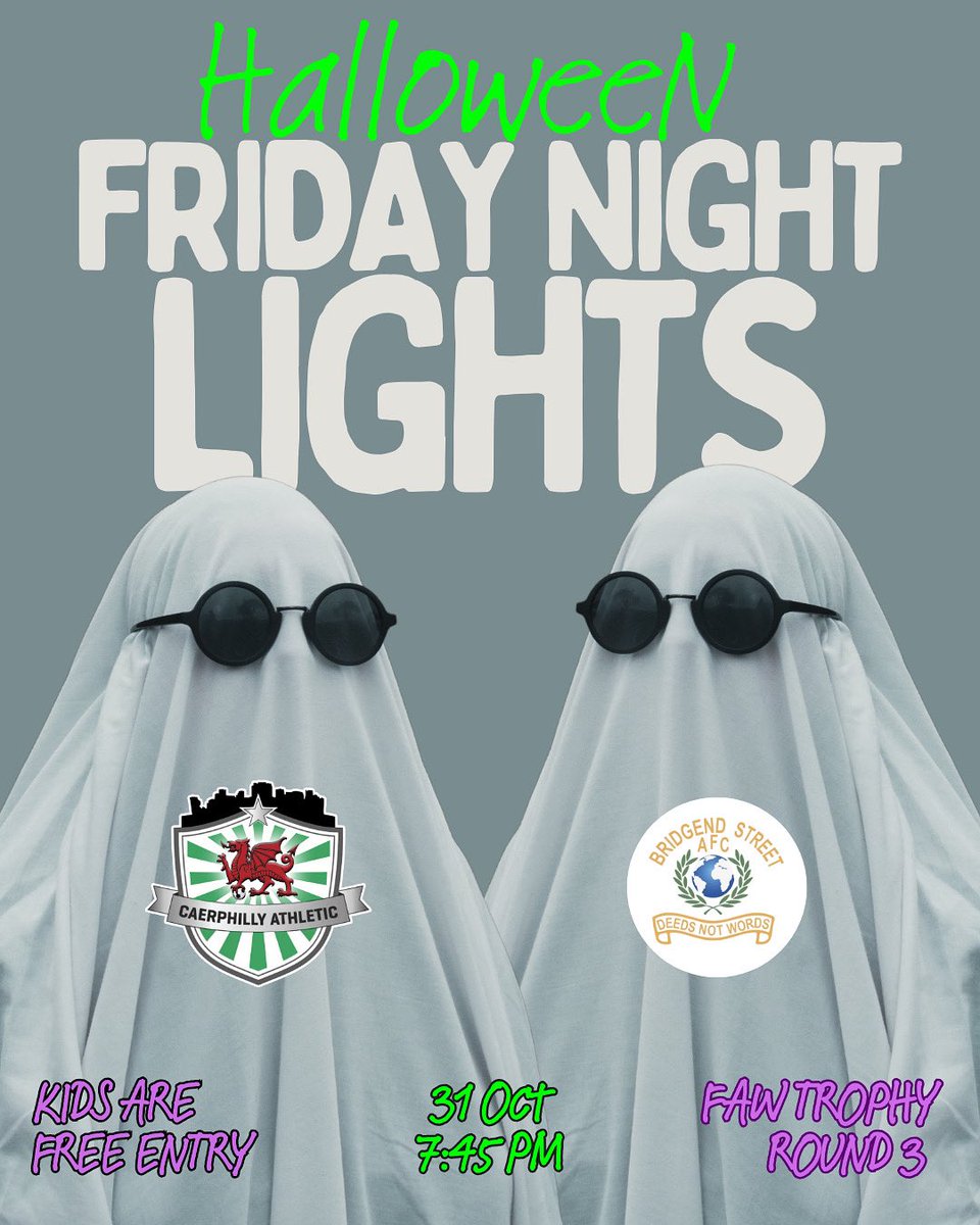 🎃HALLOWEEN FRIDAY NIGHT LIGHTS🎃
This Friday, The A’s welcome <a href="/BridgendSt/">Bridgend Street AFC</a>  to <a href="/CSEYstradMynach/">CSE Ystrad Mynach</a> for Round 3 of the Dragon Signs FAW Trophy 🏆⚽️

📅 This Friday
⏰ 7:45pm Kick Off
📍 Ystrad Mynach Centre of Excellence

👻 Kids go FREE 👻
💀 Prize for the best dressed!💀

#TheAs 💚
