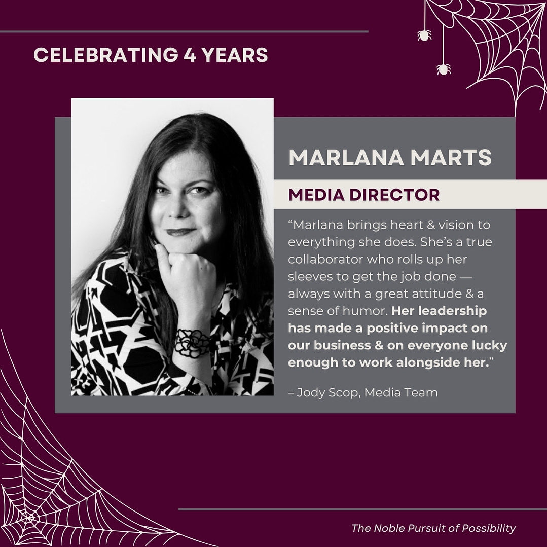 🕸️ Four frightfully fantastic years! 🕸️

Our Media Director, Marlana Marts, has been conjuring up strategic magic at OBP for four years – and she’s still spellbinding us with her brilliance. 🧙‍♀️✨

Happy anniversary, Marlana! Here’s to more boo-tiful campaigns ahead. 👻