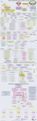 A multi-panel flowchart diagram in various colors including yellow blue pink and white sections detailing hierarchical structures with labels such as The Kingdom of Heaven Revelation Nebadon System and Earth or Urantia Administration Before the Rebellion Lucifer System Sovereign Satan First Assistant or Ambassador Caligastia Earth or Urantia First Planetary Prince and other administrative roles connected by lines and boxes