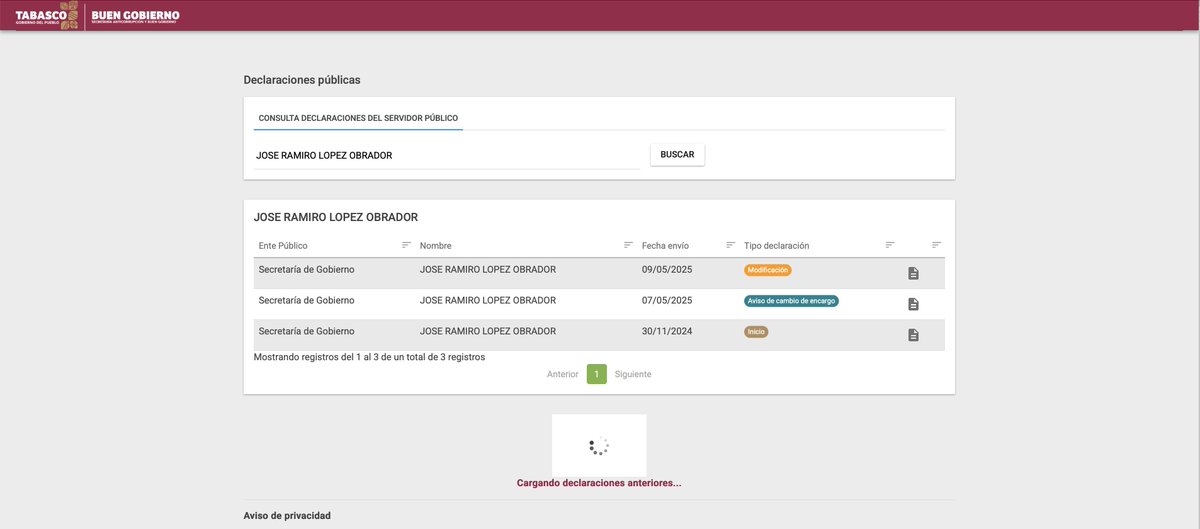 ¿Qué estarán tramando ahora...?
Con la novedad que ahora desapareció del portal declaratabasco.gob.mx la declaración patrimonial que presentó José Ramiro López Obrador en 2020.
La semana pasada había una versión, de cuatro hojas, y el miércoles 22 la modificaron e incorporaron