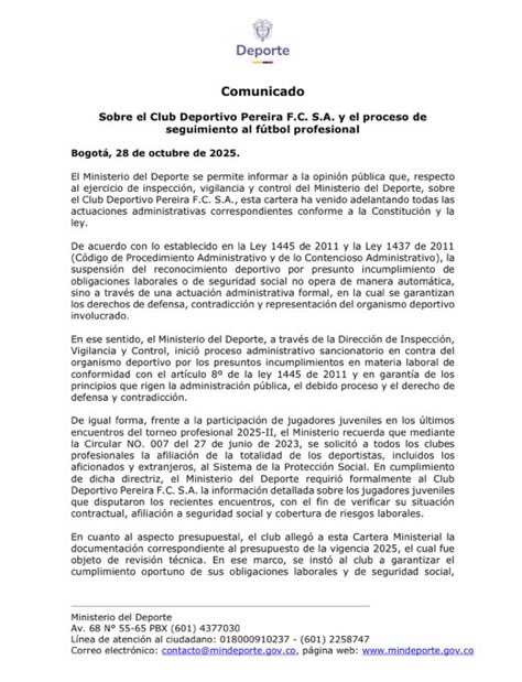 🚨 Ministerio del Deporte inicia proceso sancionatorio contra Deportivo Pereira.