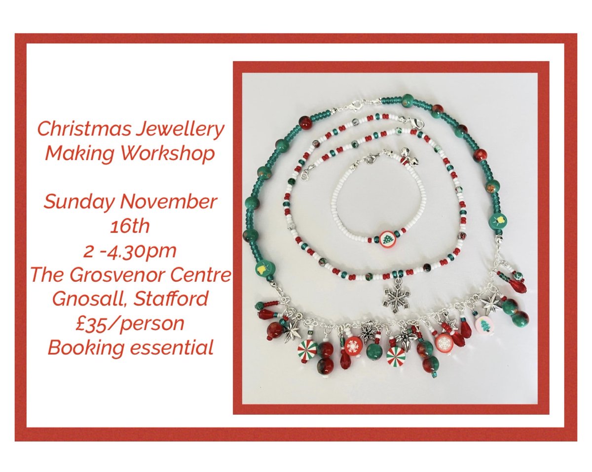 Join me for a Festive Bead Jewellery Making Workshop on Sunday 16th November and make colourful beaded necklaces or bracelets for your Christmas parties or as gifts. 
In Gnosall, Staffordshire 
Booking is essential 

 #sbswinnershour

angelasmith.co.uk/event-details-…