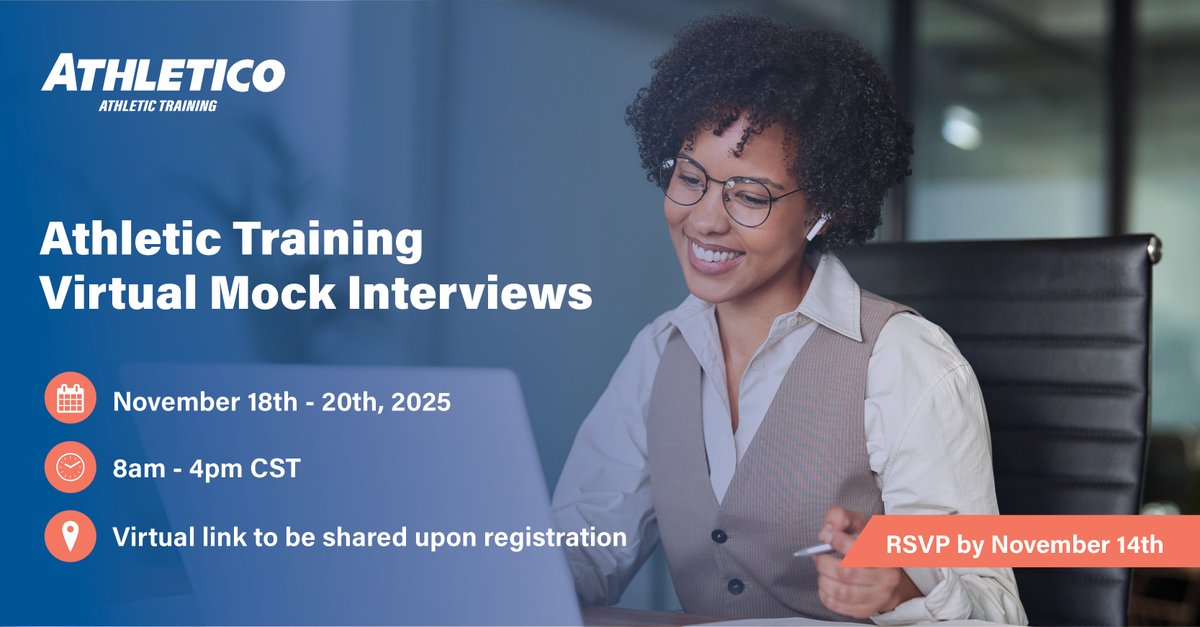 Hey #AthleticTrainers! Nervous about interviews? We’ve got you covered. 💬

Join our Virtual Mock Interview Event (Nov. 18–20) for 30-minute 1:1 coaching, practice with common questions, and feedback from Athletico professionals.

✅ Free &amp; virtual
✅ Open to students and
