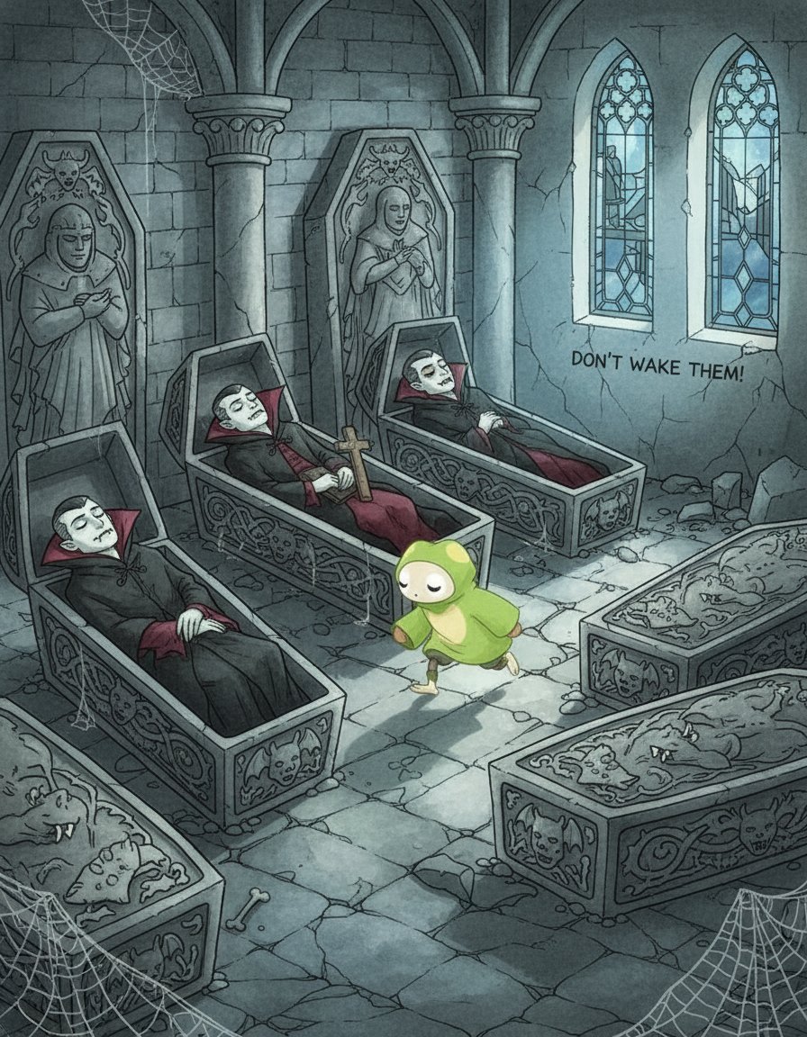 BabelOnSolana's tweet photo. EPISODE 244 - THE CRYPT: Basement 7 (deepest basement). Vampire lords sleep here. Ornate coffins. Babel tiptoes. DON'T wake them! One eye opens... Night 18/72. Ancient bloodsuckers!
#BabelsHauntedSaga #VampireCrypt #Night18 https://t.co/XkdVZUxype