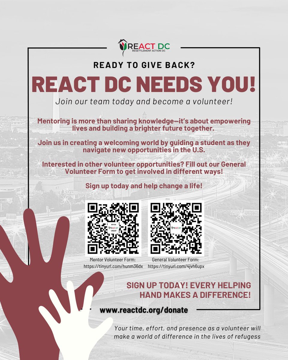 reactdcorg's tweet image. 🌟 Mentor a refugee, change a life! 🌟
Dari fluency needed for some mentees | 6+ month commitment | Background check required
Mentor form: tinyurl.com/hunm36dx

General volunteer: tinyurl.com/4jvh6upx

#REACTDC #Volunteer #Mentorship